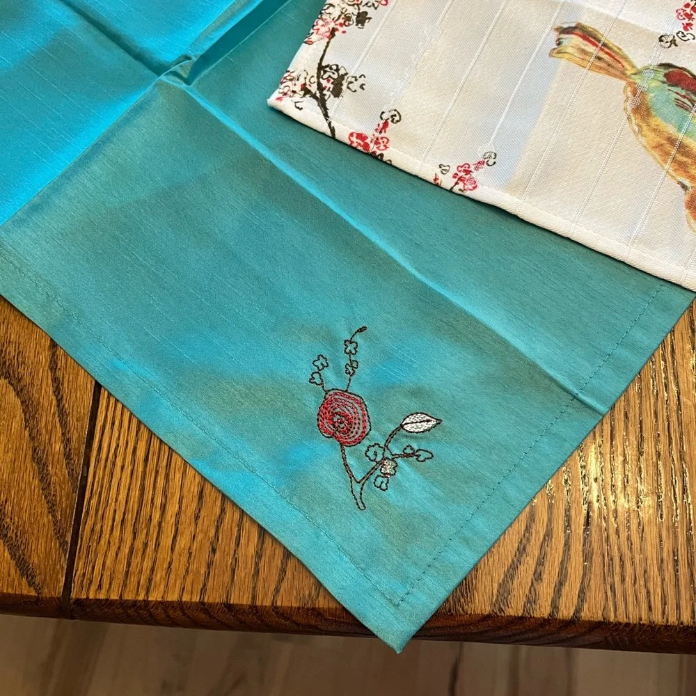 Lenox White Placemats and Napkins with Teal Trim and Multicolor Bird Motif